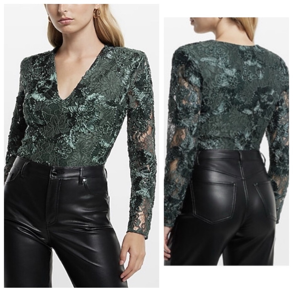 Express Lace Embroidered V-Neck Long Sleeve Thong Bodysuit Emerald Green XS New